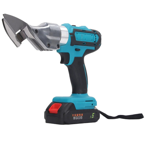 Fafeicy 21V Cordless Electric Metal Shears With Led Light And Variable Speed side view showing steel cutting blade and battery.