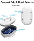 Smart WiFi Water Leak Detector For Home With Real Time App Alerts 2 4GHz Gateway And Six Sensors Keeps Your Phone In The Loop With Tuya App On iOS And Android. Compact white ABS flood detector, WD61, 3.22x1.96x1.02 inch