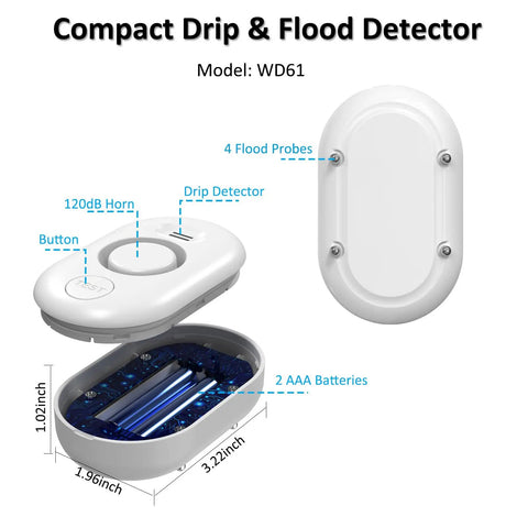 Smart WiFi Water Leak Detector For Home With Real Time App Alerts 2 4GHz Gateway And Six Sensors Keeps Your Phone In The Loop With Tuya App On iOS And Android. Compact white ABS flood detector, WD61, 3.22x1.96x1.02 inch