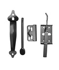 Rock Solid Iron Thumb Latch With Matte Black Galvanized Steel Finish Six Inch Throw Heavy Duty Gate Closure Lock Pack Of 24 Quick Install components laid out.
