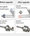 Comparison of Large Size Auger Mortar Grout Gun With 9 Nozzles Pro Grade Caulking Tool showing upgrade from single to double bearing design
