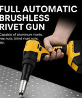 Smooth Operator Cordless Pop Rivet Gun With Brushless Motor Works With 20 Volt Batteries Includes Aluminum Rivets 1 8 5 32 3 16 Inch No Sweat Heavy Duty Pro Tool in use on metal.