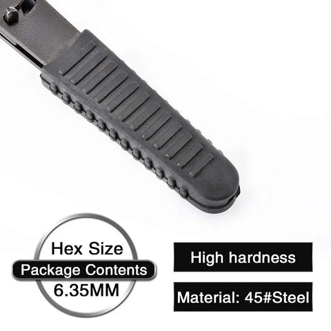 Solid Right Angle Mini Ratchet Wrench 1/4 Inch Dual Drive Head With Hex Socket Adapter showing rubber grip with 6.35mm hex size.