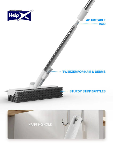 3-In-1 Floor Scrub Brush With Long Reach Handle, Heavy-Duty Stiff Bristles, Squeegee, Tweezers for Grime and Hair Removal