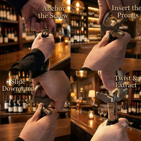 Steps using Ah So Two Prong Wine Opener For Delicate Vintage Corks Sommelier Style Cork Extractor to remove cork in wine bar
