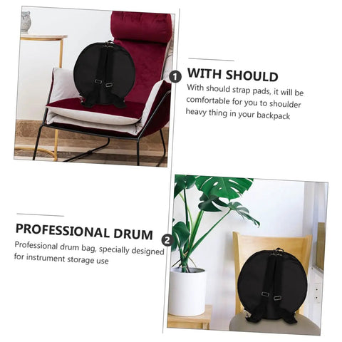 Heavy Duty Oxford Cloth Drum Gig Backpack With Rock Solid Adjustable Padded Straps And Hella Spacious Storage For Go Anywhere Drum Kit Gear And Cymbals on a chair.