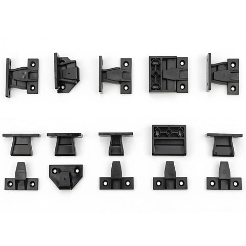 Rock Solid Adjustable Push Fittings For Panel Frames Black Makrolon Brackets arranged in various positions on a white background.
