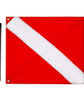 20 X 24 Inch Dive Flag With Removable Stiffening Pole For Scuba Diving Freediving And Spearfishing Red And White Diver Down Boat Flag US Legal Size Pro Grade Visibility For Ocean Waters And Safe Boating. Red and white flag with black poles.