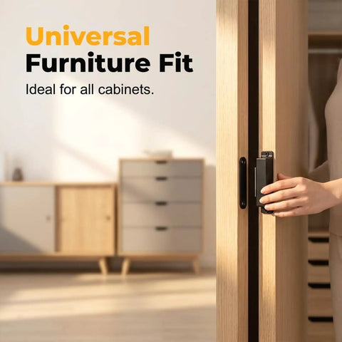 Heavy Duty 30 Lbs Stainless Steel Magnetic Door Latch With Super Strong Holding Power For Smooth Cabinet Drawer Catch And Seamless Black Closet Closure Without Jamming, installed on wooden closet door