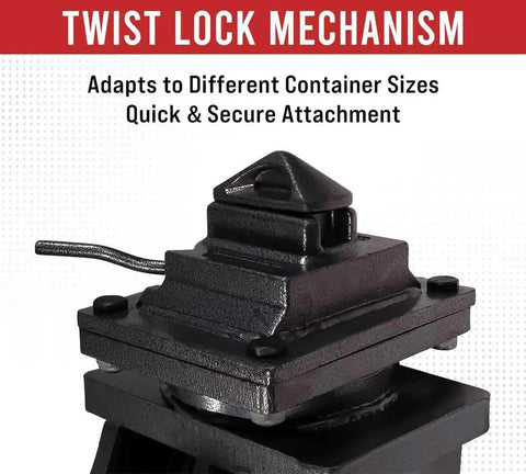 Close-up of Four Pack 8 Inch ISO Shipping Container Double Caster Wheels With Brakes For Heavy Duty Moves twist lock mechanism.