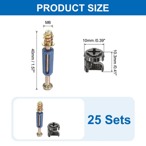 Heavy Hitter 25 Set Furniture Cam Lock Connector Kit With M6x40mm Cabinet Bolts and Tough Knuckle Dowel Pins for Slick Table Buildout and DIY Home Repair product size illustration