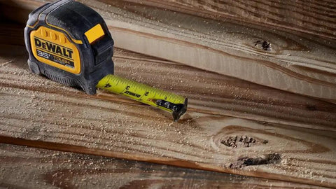 ToughSeries 35 Ft Tape Measure With Magnetic Hook Double Sided Readout Ultra Durable Housing shown on wooden surface