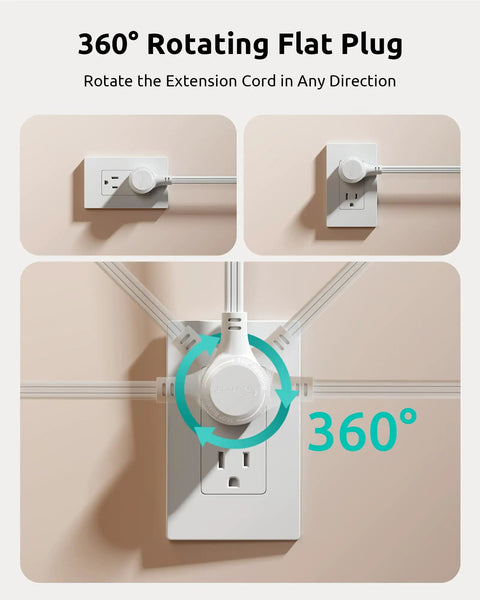 360 Degree Rotating Flat Plug Surge Protector Power Strip With 1 Foot Extension Cord showing plug and cord positioning.
