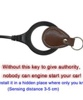 RFID Push To Start Car Ignition Kit With Keyless Go Button And Leather Key Fob on white background.
