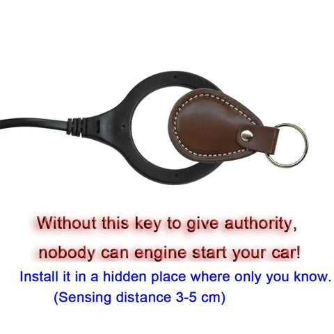 RFID Push To Start Car Ignition Kit With Keyless Go Button And Leather Key Fob on white background.