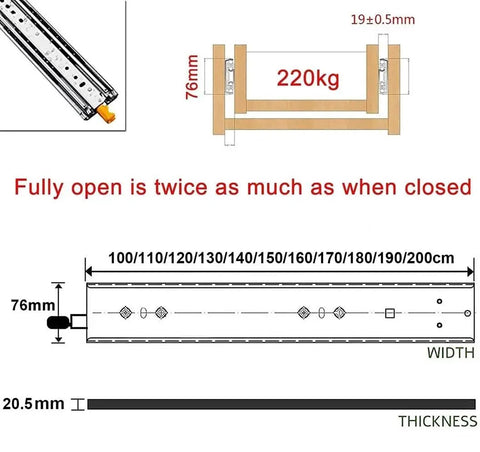 Heavy Duty Full Extension Drawer Slides With Double Lock Ball Bearings Side Mount Rails Built Tough For Rock Solid Tool Cabinets And No Sweat Heavy Hauling Workshop Storage dimensions and load capacity illustration.