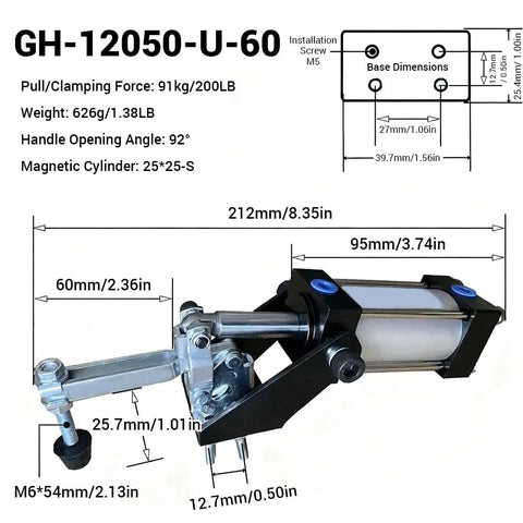 Heavy Duty 200Lb Pneumatic Hold Down Clamp Fixture For Woodworking, Welding And CNC Projects With 91kg Clamping Force, Quick Air Clamp For Fast Setup, Precise And Reliable Workpiece Holding. Zinc-plated iron pneumatic clamp with dimensions