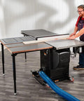 Person using Folding Table Saw Outfeed Kit With Adjustable Height Legs And Foldable Steel Frame For Easy Storage Compatible with saw tops 30 to 36 inches wide