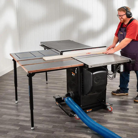Person using Folding Table Saw Outfeed Kit With Adjustable Height Legs And Foldable Steel Frame For Easy Storage Compatible with saw tops 30 to 36 inches wide