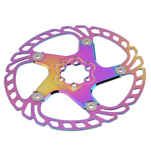 High End Mountain Bike Brake Discs And Rotor Pads 203mm Five Bolt Mount, lightweight rainbow finish for slick braking.