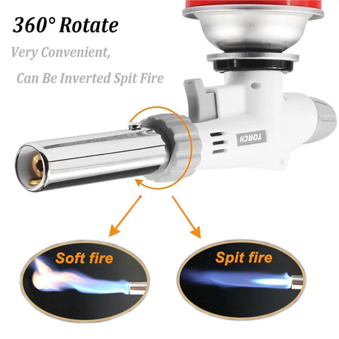 Versatile Butane Torch Lighter For Kitchen And BBQ Searing Meat Sous Vide Baking Grilling And Crafting Projects Like Jewelry DIY Refillable With Safe Ignition Short Nozzle Compatible Gas Not Included showing 360-degree rotation and flame options