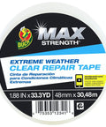 Roll of Max Strength Duck Brand Extreme Weather Clear Repair Tape, 1.88 inch wide by 33.3 yard, UV resistant, weatherproof.