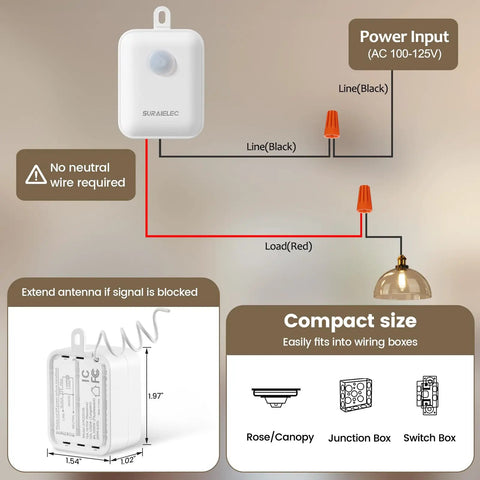 Diagram showing Wireless Light Switch And Receiver Kit No Wiring Or WiFi Needed With 100Ft Range installed in wiring box.