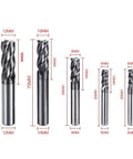 8-piece set of CNC square-nose end mills; carbide tungsten steel, straight shank, 4-flute, 2–12 mm