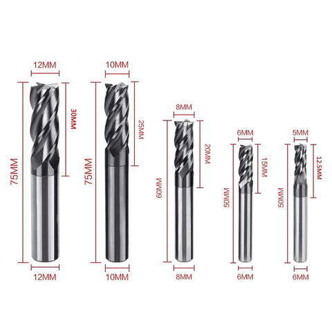 8-piece set of CNC square-nose end mills; carbide tungsten steel, straight shank, 4-flute, 2–12 mm