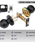 8 Pack Privacy Door Knobs Matte Black Interior Passage Lock Set Keyless Round Doorknobs For Bedroom And Bathroom Includes Hardware And Instructions Easy To Install No Fuss showing components and assembly diagram
