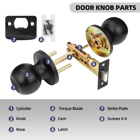 8 Pack Privacy Door Knobs Matte Black Interior Passage Lock Set Keyless Round Doorknobs For Bedroom And Bathroom Includes Hardware And Instructions Easy To Install No Fuss showing components and assembly diagram