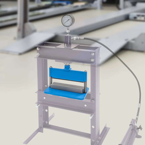 12 Inch Shop Press Brake Attachment For 12 To 20 Ton Hydraulic Workshop Presses, 90 Degree Bend, Blue Heavy Duty Metal Fabrication Tool shown installed