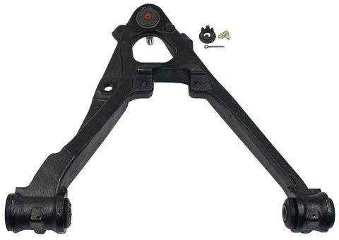 Front Left Lower Suspension Control Arm And Ball Joint Assembly Fits Chevrolet Silverado 1500, Cadillac Escalade ESV EXT And Suburban; Durable, Easy Install For Smooth Ride And Precise Alignment. Black steel control arm with ball joint and hardware shown