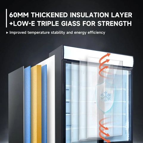 60mm thickened insulation and Low-E triple glass for Heavy Duty Commercial Reach In Display Freezer With Two Swing Tempered Glass Doors Black 44 Point 7 Cubic Feet.