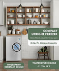 Top Notch 3 Cubic Ft Compact Upright Freezer Fingerprint Resistant Stainless Steel Finish in modern kitchen setup.