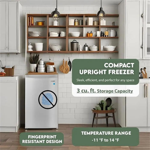 Top Notch 3 Cubic Ft Compact Upright Freezer Fingerprint Resistant Stainless Steel Finish in modern kitchen setup.
