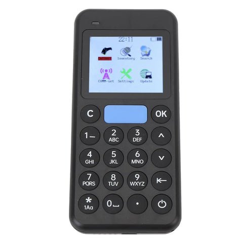 Black handheld inventory scanner with 2.4 inch screen, buttons, 1D 2D barcode data collector for retail logistics, USB rechargeable