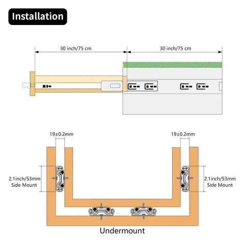 Installation diagram of Built Tough Heavy Duty Locking Drawer Slides 30 Inch Full Extension Side Mount 260 Lb Capacity