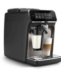 Front view of Fully Automatic Espresso Machine With LatteGo Milk System For Pro Grade Silky Froth And 5 Coffee Varieties Intuitive Touch Display SilentBrew 100 Percent Ceramic Grinder AquaClean Filter Glossy Black.