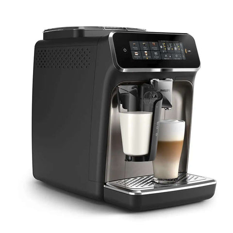 Front view of Fully Automatic Espresso Machine With LatteGo Milk System For Pro Grade Silky Froth And 5 Coffee Varieties Intuitive Touch Display SilentBrew 100 Percent Ceramic Grinder AquaClean Filter Glossy Black.