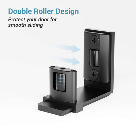 Sliding Barn Door Floor Guide With Adjustable Roller, U-Shape Flexible Flush Design, Wall Mounted Black, Dual-Sided Pulleys