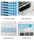 Compact Evaporative Air Cooler And Integrated Humidifier With Three Wind Modes For Home Office Or Bedroom Quiet Portable Swamp Cooler showing air outlet, water tank, control panel, and handle.
