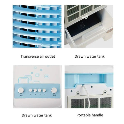 Compact Evaporative Air Cooler And Integrated Humidifier With Three Wind Modes For Home Office Or Bedroom Quiet Portable Swamp Cooler showing air outlet, water tank, control panel, and handle.