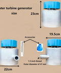 Beefy 2200W Hydro Generator 220V Micro Hydroelectric Turbine showing dimensions and accessories, portable for off-grid use