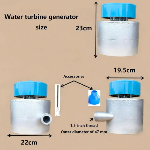 Beefy 2200W Hydro Generator 220V Micro Hydroelectric Turbine showing dimensions and accessories, portable for off-grid use