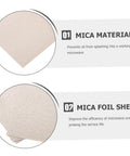 Close-up of mica sheets for microwave protection with text on benefits and features of heat-resistant insulation plates and oil-splatter control.