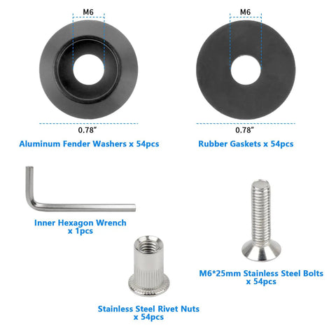 M6 Aluminum Fender Washers and Rubber Gaskets with Stainless Steel Bolts and Inner Hexagon Wrench from 54 Piece Kit
