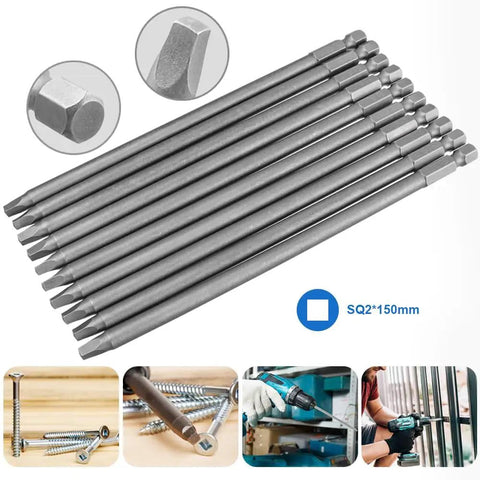 Ten Piece Square Drive Bit Set With One Quarter Inch Shank Magnetic SQ2 Square Head Bits Five Point Nine Inch Length Heavy Duty