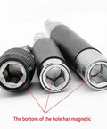 Three Magnetic Screw Drive Guide Drill Bit Tip Holder And Pro Grade Screwdriver Bit Holder, hex ends visible, 1/4 inch shank.