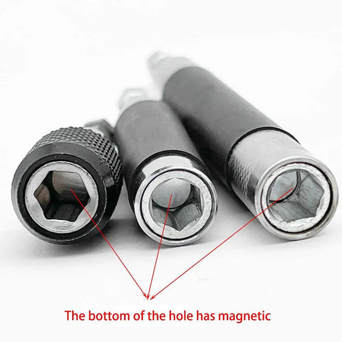 Three Magnetic Screw Drive Guide Drill Bit Tip Holder And Pro Grade Screwdriver Bit Holder, hex ends visible, 1/4 inch shank.